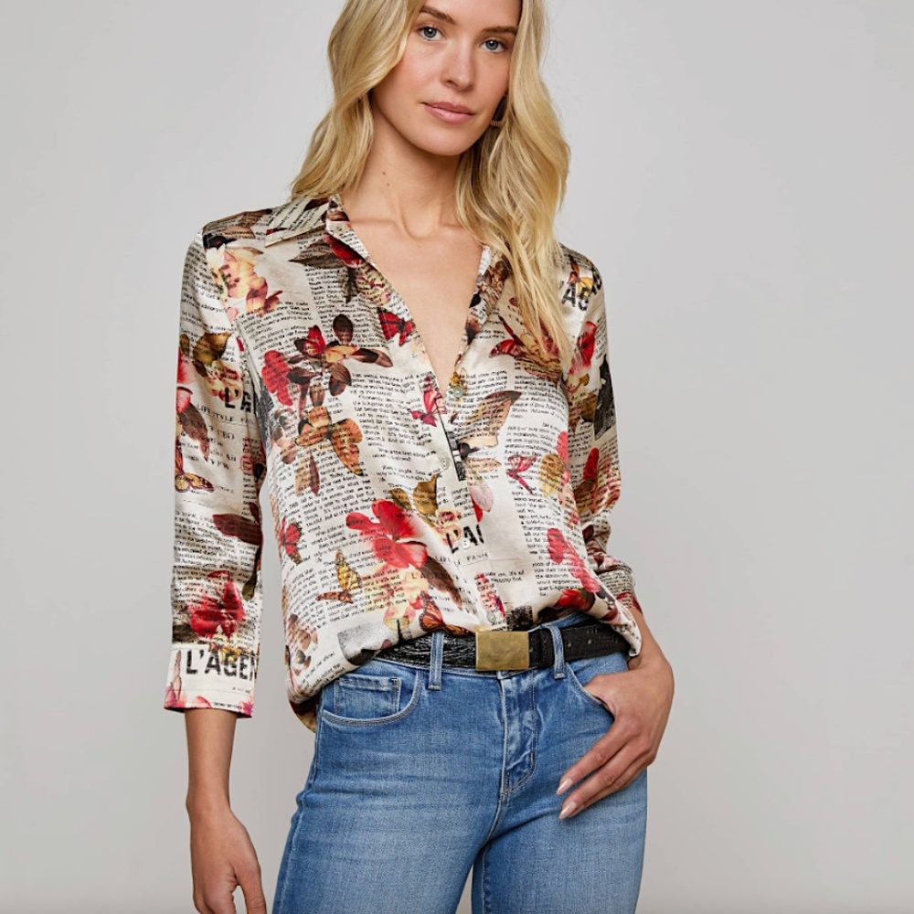 L'Agence Dani Butterfly Rose Newspaper Silk Blouse
